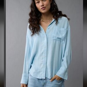 American Eagle Light Blue Striped Preppy Open Tie Back Button Down Shirt Medium